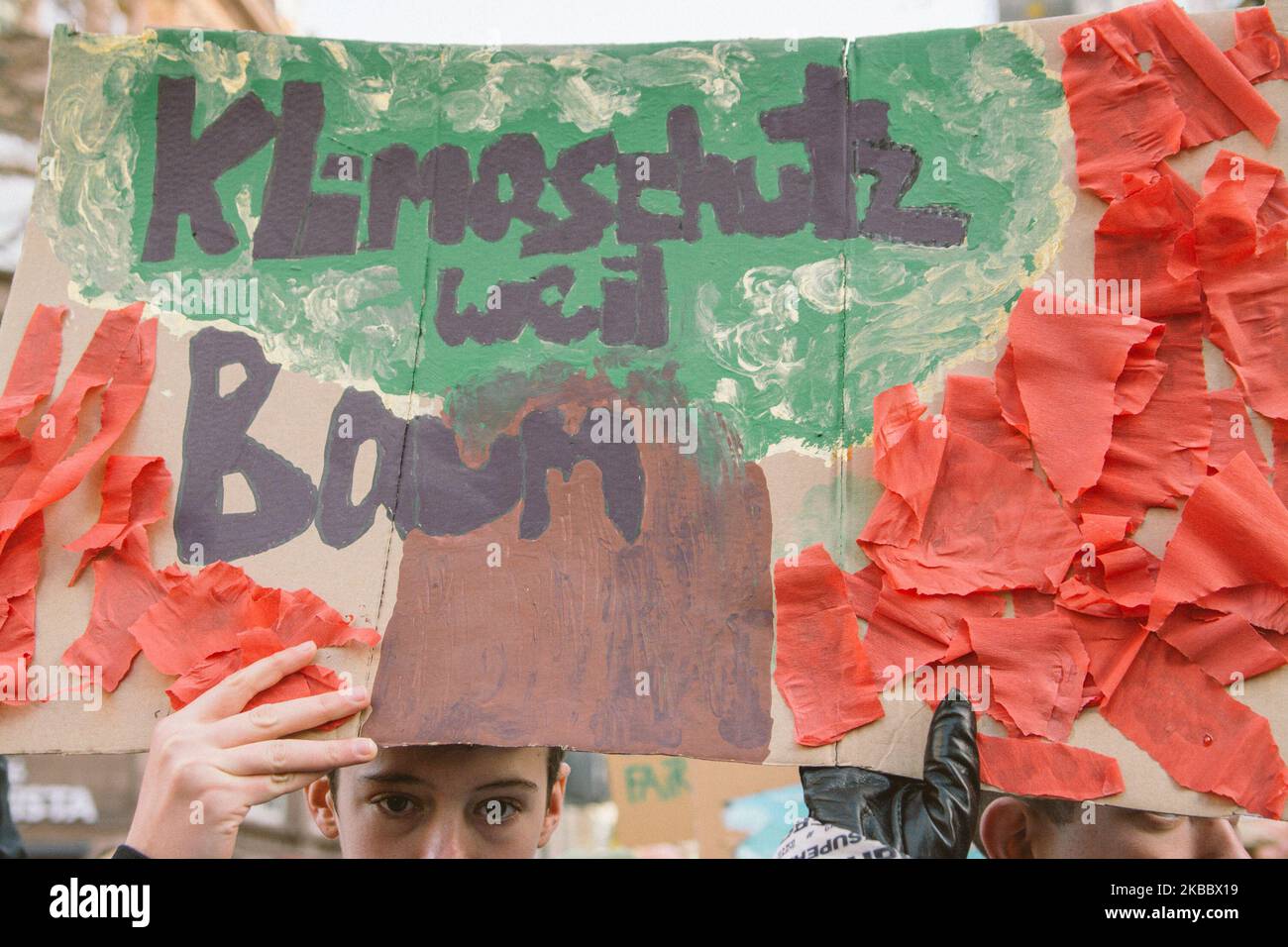 Uno studente ha in mano una bandiera per la protesta climatica "Venerdì per il futuro" a Colonia, in Germania, il 29 novembre 2019. 12000 persone partecipano alla dimostrazione. (Foto di Ying Tang/NurPhoto) Foto Stock