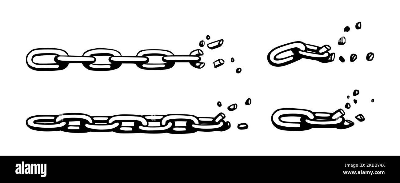 Catena spezzata con frantumazioni come simbolo di forza e libertà. Schizzo delle catene metalliche. Illustrazione vettoriale isolata su sfondo bianco Illustrazione Vettoriale