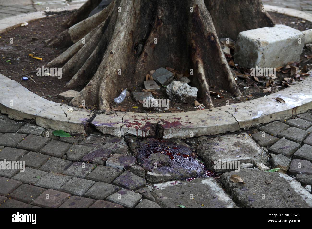 La polizia e il personale militare conducono un'indagine sul luogo dell'esplosione della granata che ha ferito 2 personaggio militare a Giacarta, martedì 3 dicembre 2019. L'esplosione di granata di fumo dopo la fondazione al National Monument Park da parte di due militari in Martedì mattina, autorità ha detto. (Foto di Aditya Irawan/NurPhoto) Foto Stock