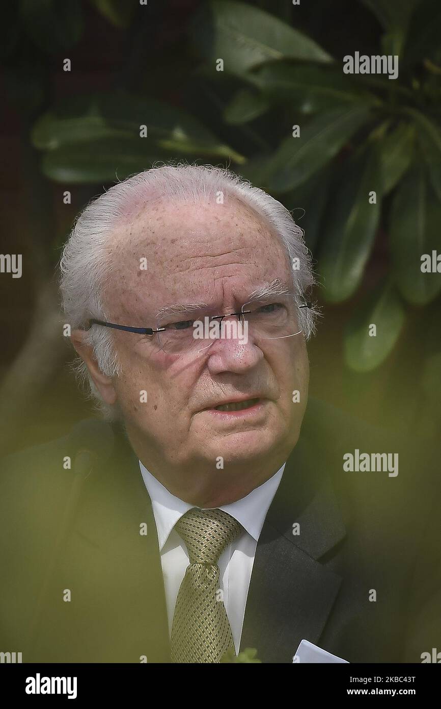 Il 3 dicembre 2019 il re svedese Carl XVI Gustaf partecipa a un programma sulla lotta contro le emissioni e l'inquinamento atmosferico a Nuova Delhi (India). (Foto di Indraneel Chowdhury/NurPhoto) Foto Stock