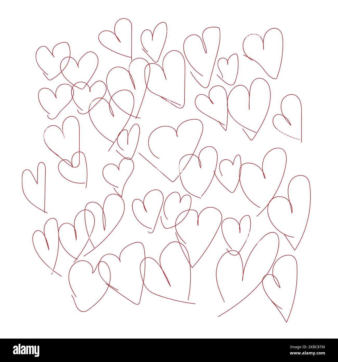cuori rossi disegnati a mano con motivo a forma di contorno, sfondo. Illustrazione Vettoriale