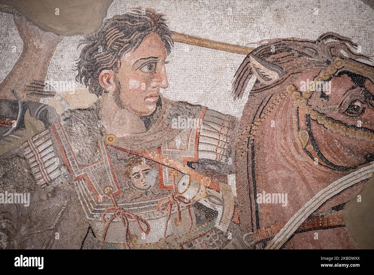 Un mosaico romano raffigurante una battaglia tra Alessandro Magno e Re Dario III di Persia in mostra al Museo Archeologico Nazionale di Napoli il 29 dicembre 2019. (Foto di Diego Cupolo/NurPhoto) Foto Stock