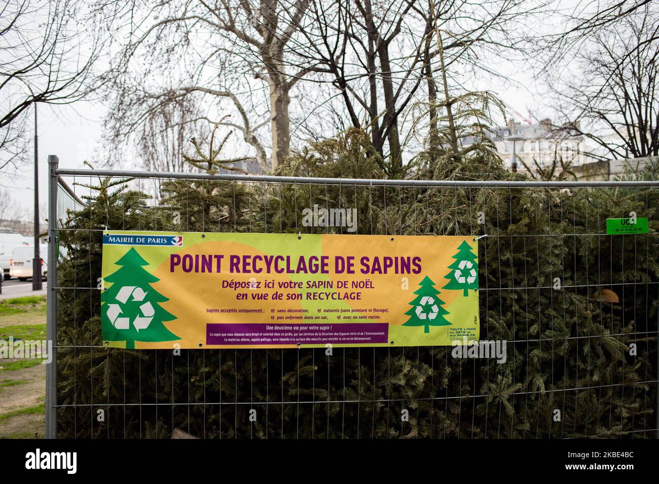 Parigi, Francia, 7 gennaio 2020. Un punto di raccolta albero di Natale nel 4th ° arrondissement. L'operazione 'riciclare i nostri alberi di Natale' consente ai parigini di lasciare i loro alberi di Natale dopo le vacanze presso i punti di raccolta forniti dalla Città di Parigi in parchi e giardini. Parigi, Francia, le 7 janvier 2020. Un point de collecte de sapin de noel dans le 4eme ° arrondissement. L’operazione 'Recyclons nos sapins' permet aux Parisiens de deposer leur sapin apres les fetes dans les points de collecte prevus par la Ville de Paris dans les parcs et les jardins. (Foto di Emeric Fohlen/NurPhoto) Foto Stock