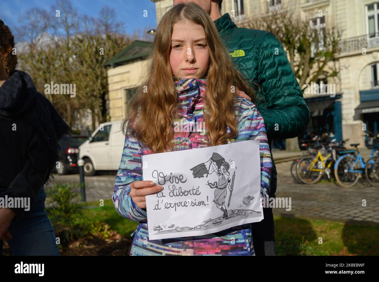 Rally a Nantes, Francia il 12 gennaio 2020, in omaggio alle vittime degli attacchi terroristici che hanno colpito la Francia nel 2012. I cento partecipanti, voluti testimoniare cinque anni dopo gli attacchi di Charlie Hebdo e Hyper Kosher nel gennaio 2015 del loro attaccamento alla libertà di coscienza, alla libertà di espressione, all'emancipazione, all'uguaglianza di donne e uomini, affrontano l'oscurantismo. (Foto di Estelle Ruiz/NurPhoto) Foto Stock