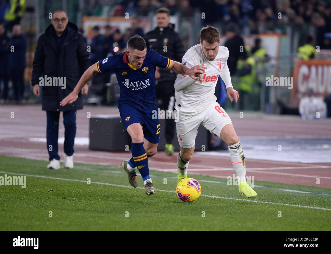 Jordan Veretout, Aaron Ramsey durante la Serie Italiana Una partita di calcio tra AS Roma e FC Juventus allo Stadio Olimpico di Roma, il 12 gennaio 2020. (Foto di Silvia Lore/NurPhoto) Foto Stock