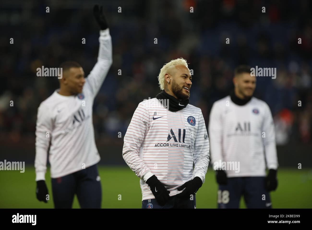 Neymar, Kylian Mbappe e Mauro Icardi durante la partita di calcio francese del L1 tra Parigi Saint-Germain e MONACO allo stadio Parc des Princes di Parigi il 12 gennaio 2020. (Foto di Mehdi Taamallah/NurPhoto) Foto Stock