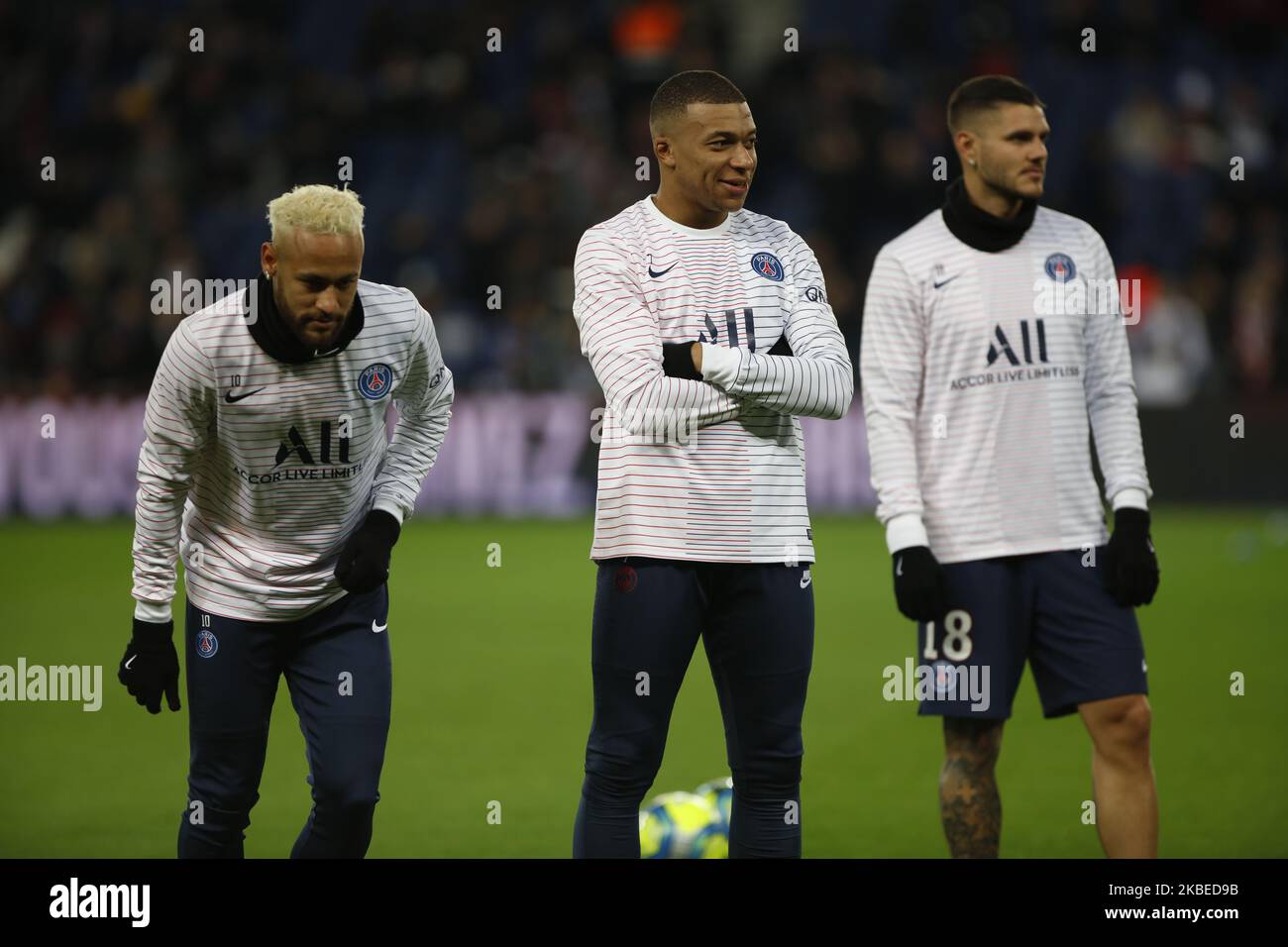 Neymar, Kylian Mbappe e Mauro Icardi durante la partita di calcio francese del L1 tra Parigi Saint-Germain e MONACO allo stadio Parc des Princes di Parigi il 12 gennaio 2020. (Foto di Mehdi Taamallah/NurPhoto) Foto Stock