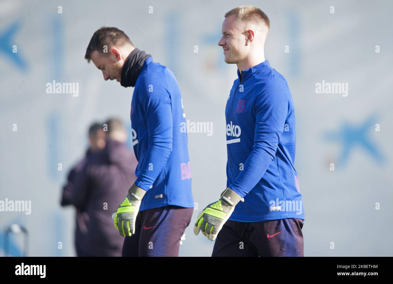 Marc Andre Ter Stegen e Neto durante l'allenamento del FC Barcelona prima della partita contro Granada, il 18th gennaio 2020, a Barcellona, Spagna.(Photo by Xavier Ballart/Urbanandsport /NurPhoto) Foto Stock