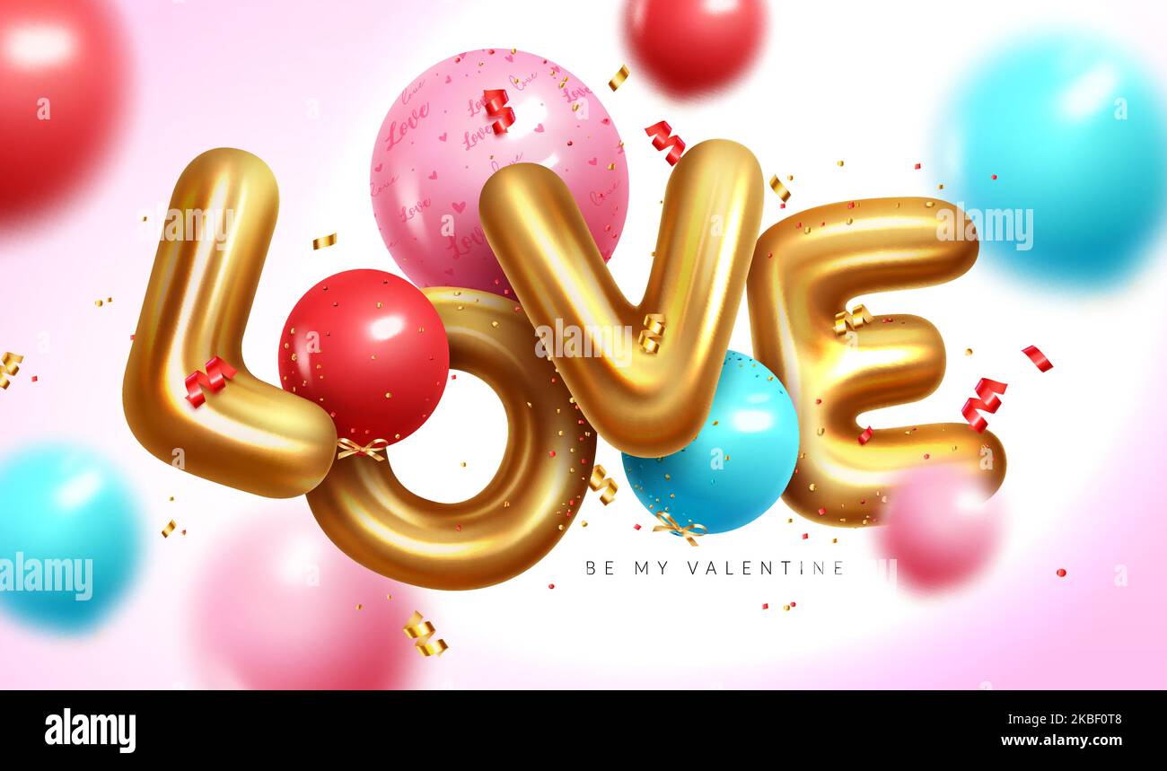 San Valentino amore 3D palloncini vettoriali design. San Valentino con lettere gonfiabili in palloncino color oro metallizzato per la decorazione dello sfondo. Illustrazione Vettoriale