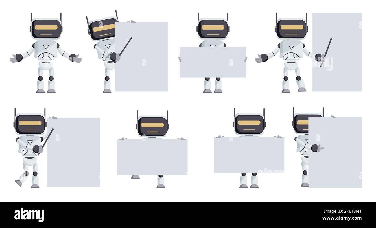 Set di vettori di caratteri di intelligenza artificiale. Insegnante di robot che indica e mostra gli elementi della lavagna bianca per insegnare e presentare la collezione di robot. Illustrazione Vettoriale
