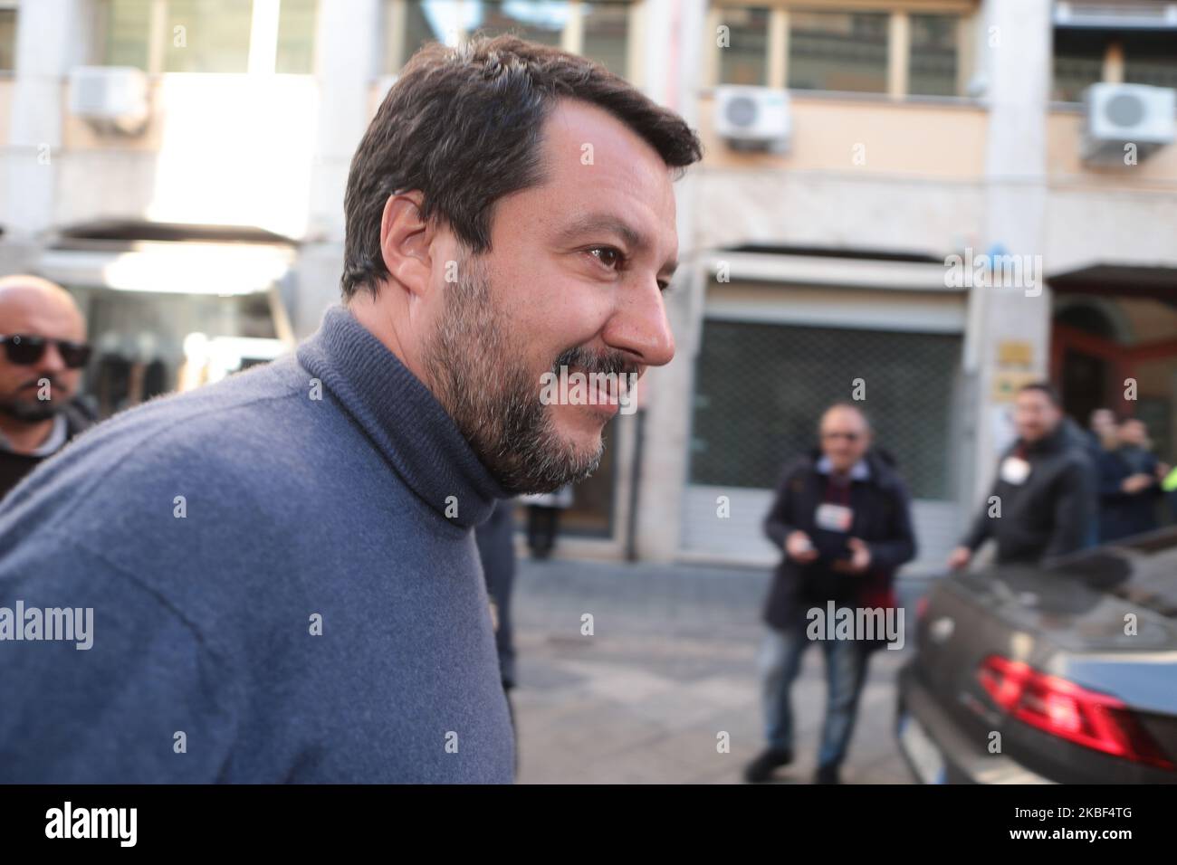 Leader della Lega, Matteo Salvini durante il suo arrivo il 22 gennaio 2020 a Catanzaro, Italia per la sua campagna elettorale aed delle elezioni regionali calabresi del 26 gennaio 2020. (Foto di Andrea Pirri/NurPhoto) Foto Stock