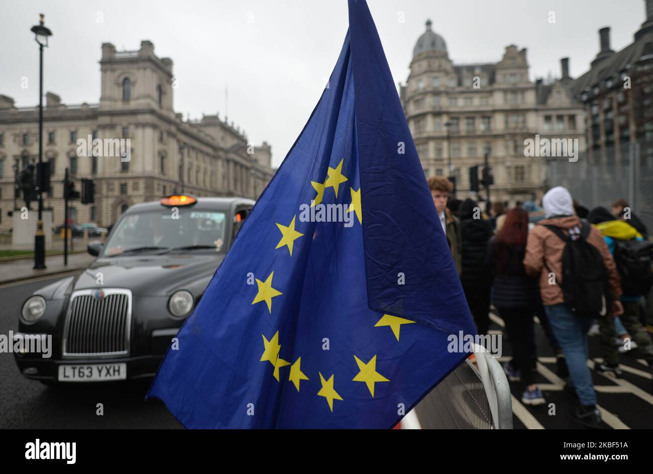 Una bandiera dell'UE vista all'ingresso del Palazzo di Westminster a Londra, il 22 gennaio. Un gruppo di sostenitori anti-Brexit si è estirpato fuori dall’ingresso del Parlamento di Westminster, esortando il governo britannico a rilasciare il rapporto dalla commissione di intelligence e sicurezza che esamina l’infiltrazione russa nella politica britannica. Mercoledì 22 gennaio 2019, a Londra, Regno Unito. (Foto di Artur Widak/NurPhoto) Foto Stock