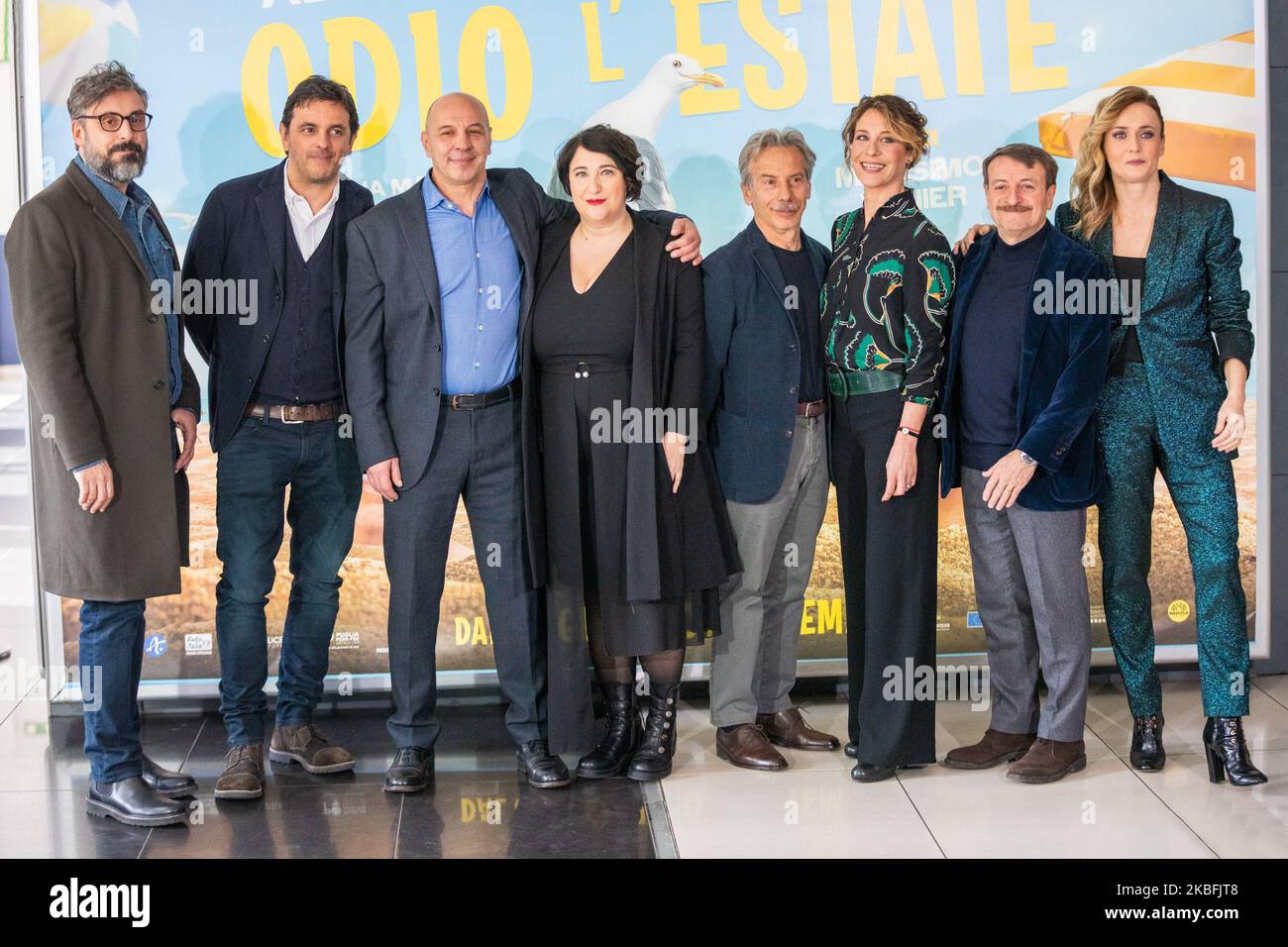 Brunori SAS, massimo Venier, Aldo Baglio, Maria De Biase, Giovanni Storti, Carlotta Natoli, Giacomo Poretti, Lucia Mascino durante il film fotovideo 'odio l'Estate' al Cinema Adriano di Roma, il 27 gennaio 2020. (Foto di Mauro Fagiani/NurPhoto) Foto Stock