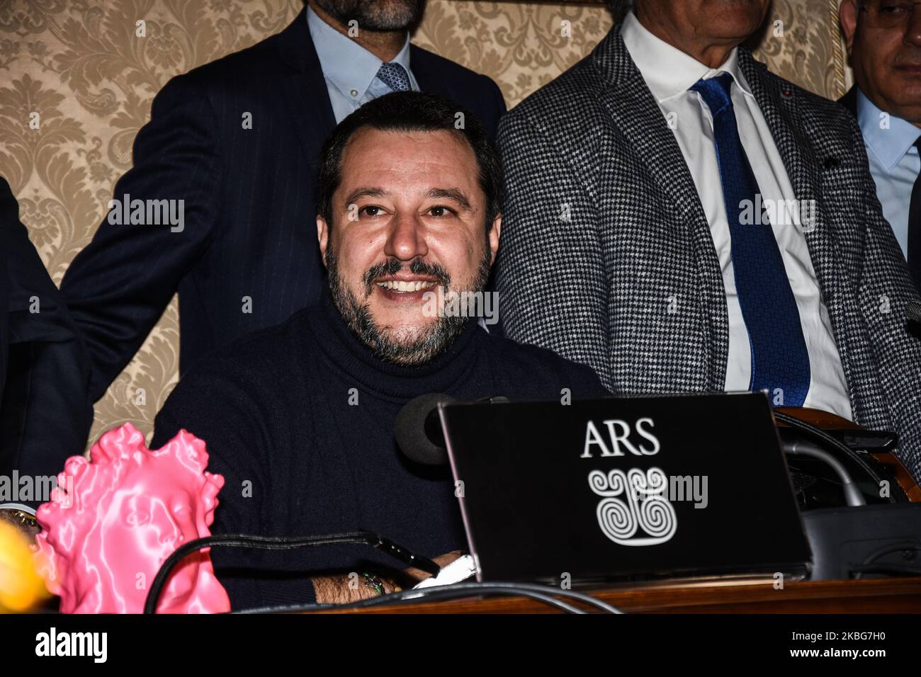 Matteo Salvini, leader della Lega, ha visitato il Palazzo dei Normanni, a Palermo, sede dell'Assemblea Regionale Siciliana e ha presentato i 4 deputati della Lega in Sicilia. Palermo, Italia, 04 febbraio 2020 (Foto di Francesco Militello Mirto/NurPhoto) Foto Stock