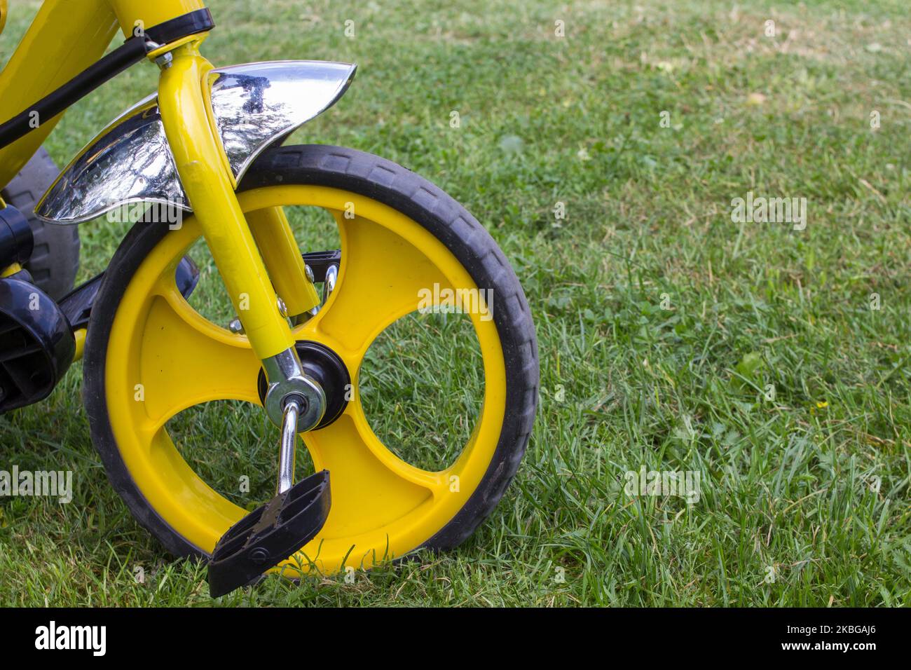 triciclo ruota anteriore sull'erba nel parco Foto Stock