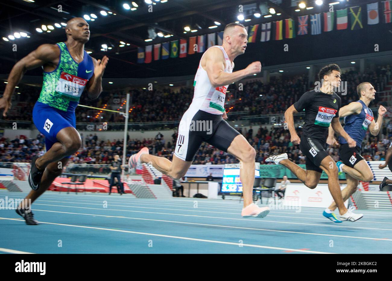Yunier Perez (ESP),Richard Kilty (GBR),Bryce Robinson (USA),Remigiusz Olszewski (POL),Jan Volko (SVK) gareggiano durante la Copernicus Cup indoor il 8 febbraio 2020 a Torun, Polonia. (Foto di Foto Olimpik/NurPhoto) Foto Stock