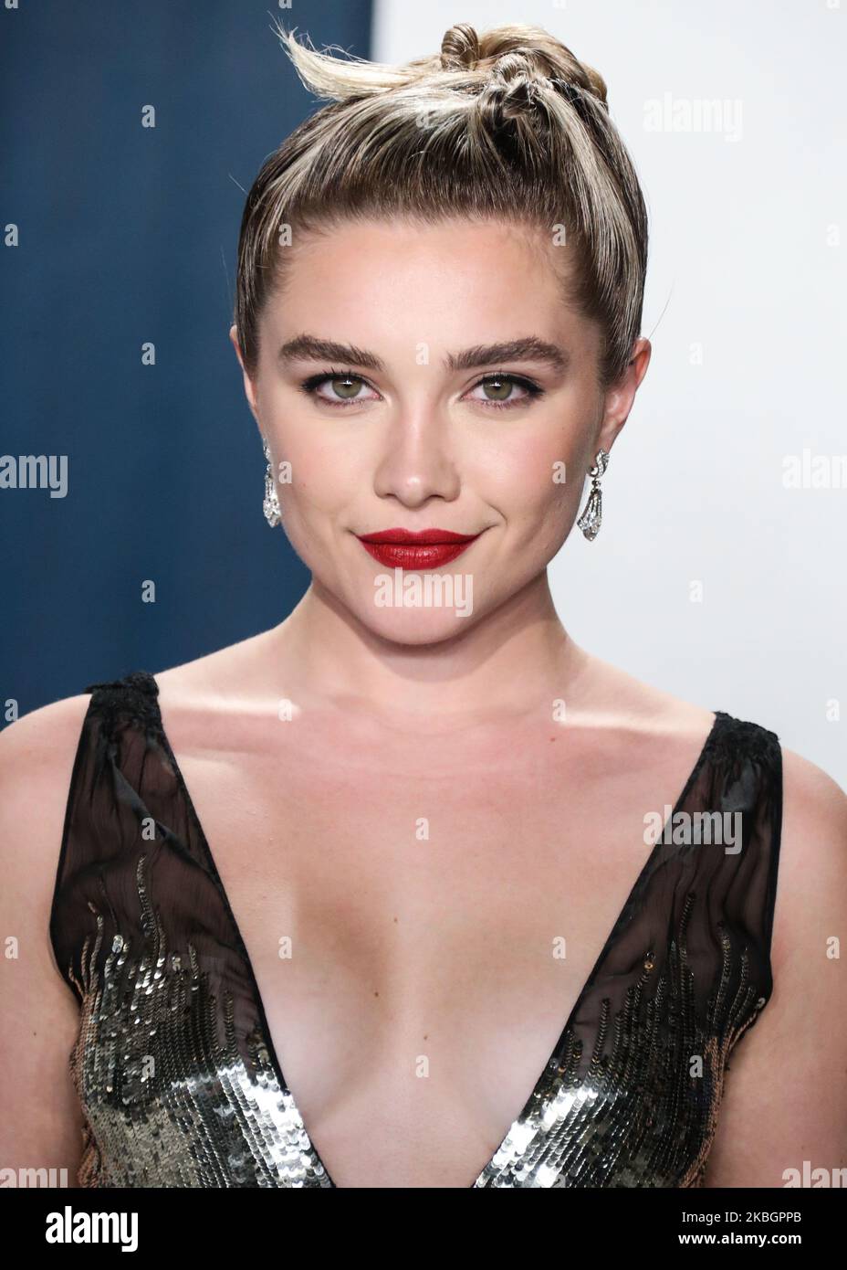 BEVERLY HILLS, LOS ANGELES, CALIFORNIA, USA - 09 FEBBRAIO: Florence Pugh arriva al 2020° Vanity Fair Oscar Party che si tiene al Walis Annenberg Center for the Performing Arts il 9 febbraio 2020 a Beverly Hills, Los Angeles, California, Stati Uniti. (Foto di Xavier Collin/Image Press Agency/NurPhoto) Foto Stock