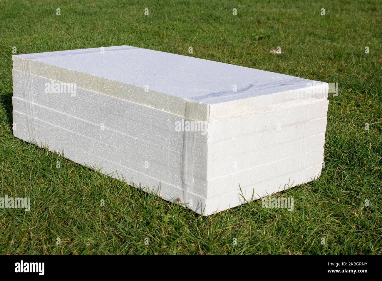 I fogli di Styrofoam sono impilati sull'erba Foto Stock