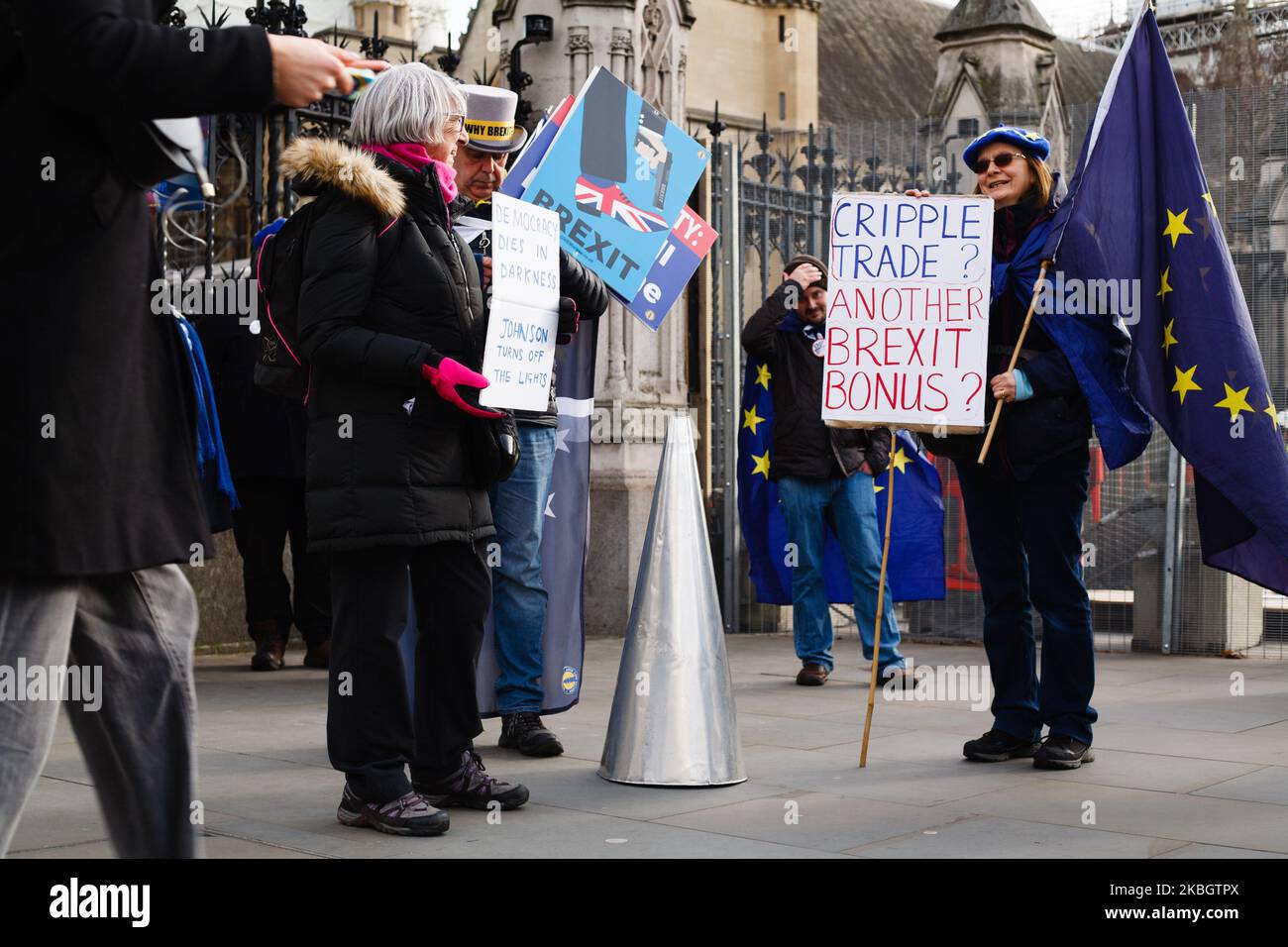 Gli attivisti anti-Brexit si sono dimostrati al di fuori delle Camere del Parlamento a Londra, in Inghilterra, il 12 febbraio 2020. (Foto di David Cliff/NurPhoto) Foto Stock
