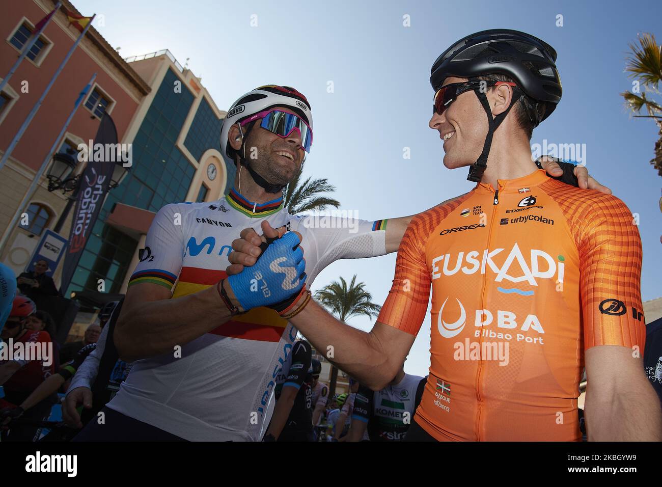 Alejandro Valverde of Spain and Movistar Team and Antonio Jesus Soto Guirao of Spain and Fundacion Orbea prior to the 40th Vuelta a Murcia 2020, Stage 1 a 177,6 km stage from Los Alcázares to Caravaca de la Cruz on February 14, 2020 in Caravaca De La Cruz, Spain. (Photo by Jose Breton/Pics Action/NurPhoto) Foto Stock