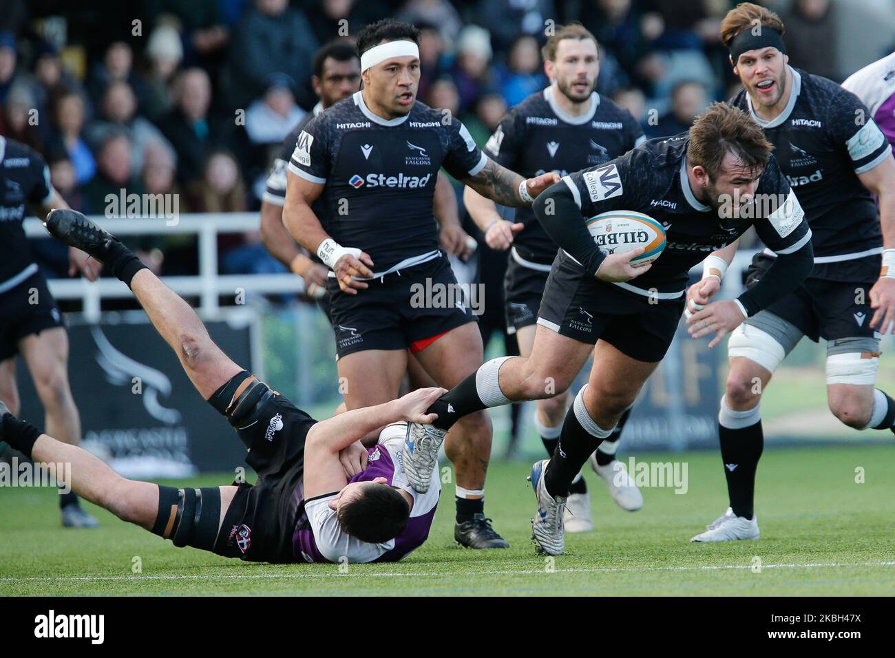 George McGuigan di Newcastle Falcons prova a rompere un tackle durante la partita di Greene King IPA Championship tra Newcastle Falcons e Cornish Pirates a Kingston Park, Newcastle Domenica 16th Febbraio 2020. (Foto di Chris Lishman/MI News/NurPhoto) Foto Stock