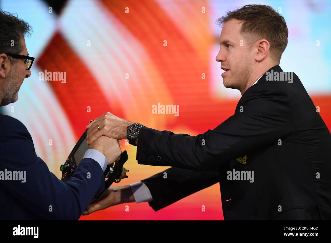 4 volte campione del mondo tedesco Sebastian Vettel del team di Formula 1 Scuderia Ferrari ospite durante il programma televisivo italiano di domenica sera che tempo che fa, in onda sulla TV pubblica italiana Rai2, 16 febbraio 2020 (Foto di Andrea Diodato/NurPhoto) Foto Stock