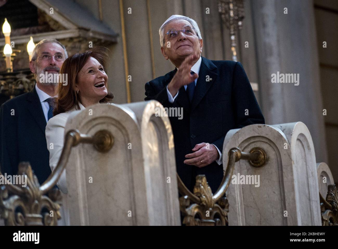 Ruth Dureghello,Riccardo Shmuel di segni,Sergio Mattarella con la Comunità Ebraica di Roma al Tempio maggiore, il 21 febbraio 2020 a Roma (Foto di Andrea Ronchini/NurPhoto) Foto Stock