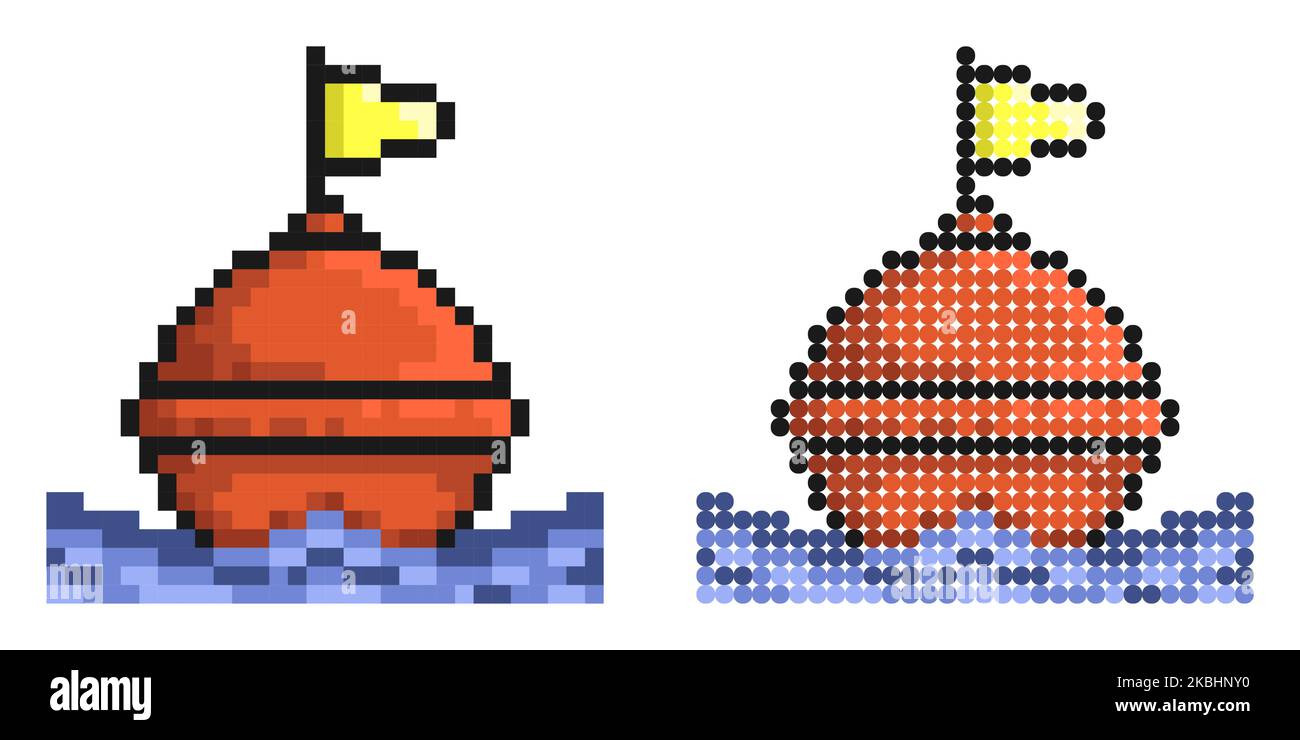 Icona pixel. Boa di mare restrittiva sulle onde. Regolamentazione e sicurezza della navigazione marittima. Semplice vettore di gioco retrò isolato su sfondo bianco Illustrazione Vettoriale