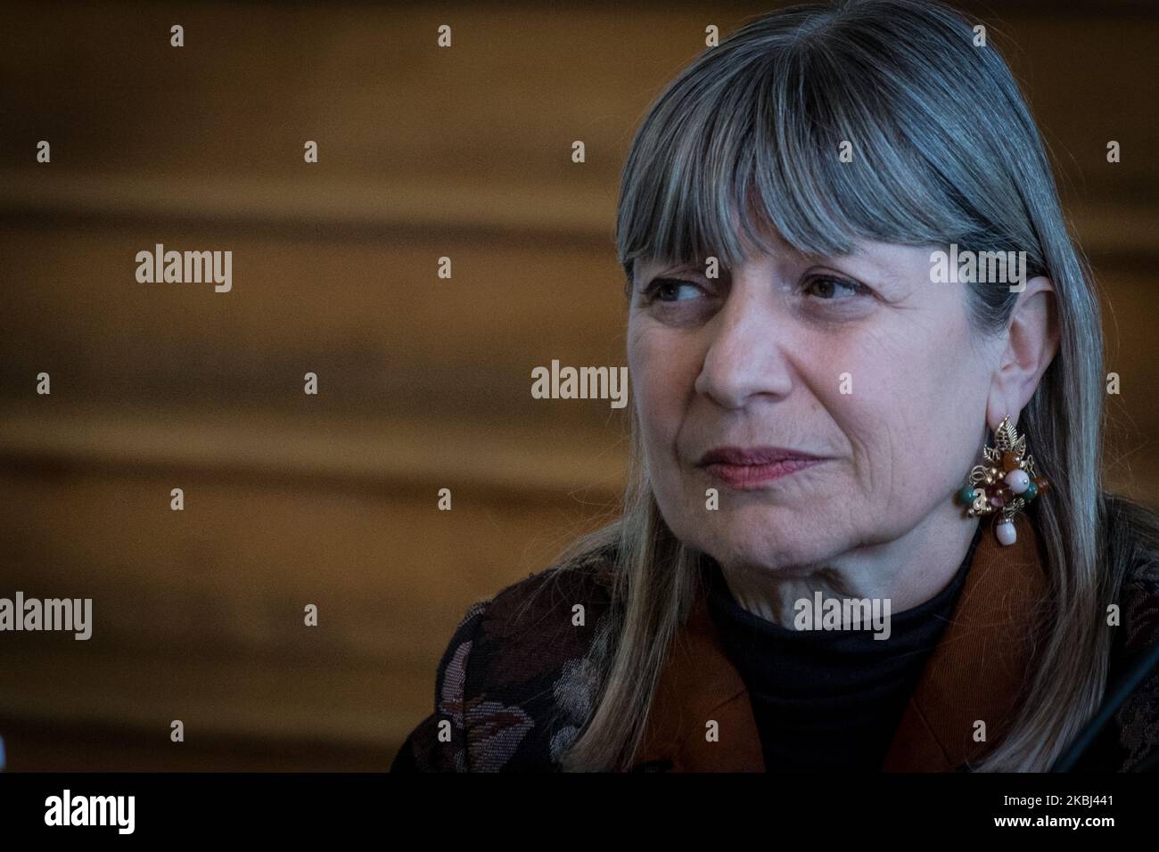 Maria Vittoria Marini Clarelli durante la conferenza stampa per la presentazione al Museo della Centrale Montemartini delle mostre del sistema Civico Museale del 2020. Alla conferenza stampa hanno partecipato Luca Bergamo, Vice Sindaco di Roma responsabile della crescita culturale, Maria Vittoria Marini Clarelli, Soprintendenza Capitolina per i Beni culturali, Eleonora Guadagno, Presidente della Commissione Cultura, Politica Giovanile e lavoro. (Foto di Andrea Ronchini/NurPhoto) Foto Stock