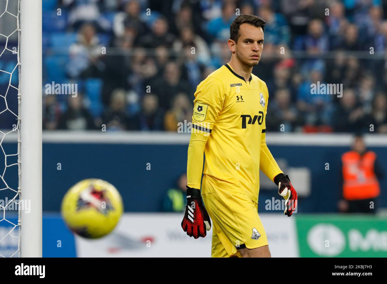 Guilherme di Lokomotiv Mosca in azione durante la partita della Premier League russa tra il FC Zenit San Pietroburgo e il FC Lokomotiv Mosca il 29 febbraio 2020 alla Gazprom Arena di San Pietroburgo, Russia. (Foto di Mike Kireev/NurPhoto) Foto Stock