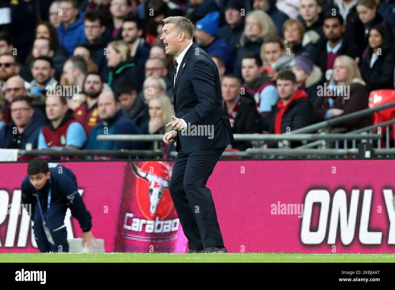 Dean Smith, responsabile di Aston Villa, mostra alcune emozioni durante la finale della Carabao Cup tra Aston Villa e Manchester City al Wembley Stadium, Londra, domenica 1st marzo 2020. (Foto di Jon Bromley/MI News/NurPhoto) Foto Stock