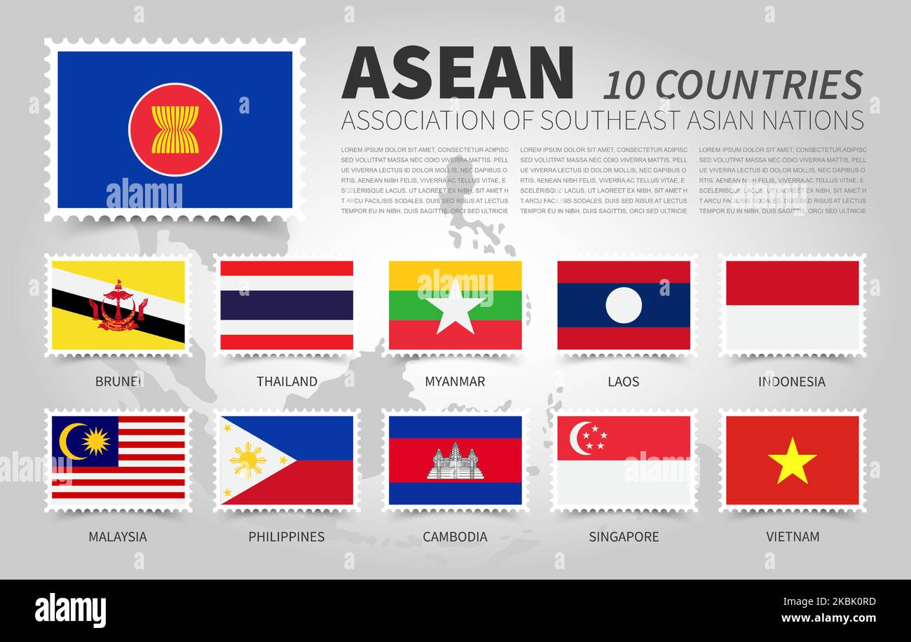 ASEAN . Associazione delle nazioni del sud-est asiatico . e bandiere di insieme dei membri . Modello di francobollo rettangolare piatto . Vettore . Illustrazione Vettoriale