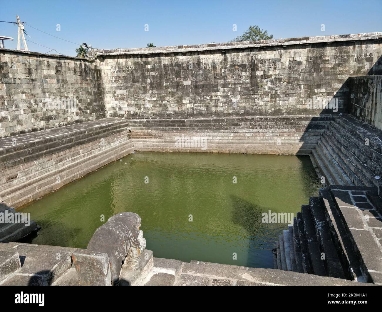 La vasca del tempio al tempio di Chennakeshava, Belur, presenta pareti in pietra con intricate incisioni e gradini che portano all'acqua verde riflettente Foto Stock