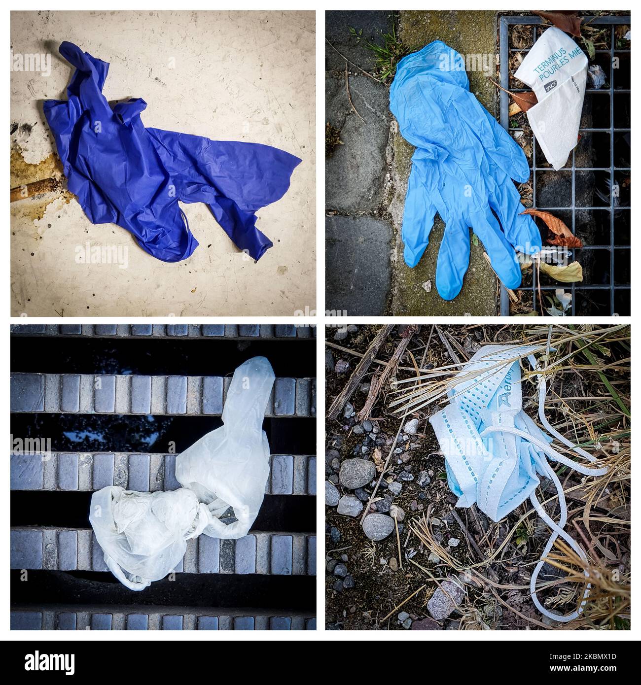 Una composizione di immagini mostra maschere protettive e guanti contro Covid-19 sono abbandonati nelle strade della città di Strasburgo, Francia, il 24 aprile 2020. (Foto di Elyxandro Cegarra/NurPhoto) Foto Stock