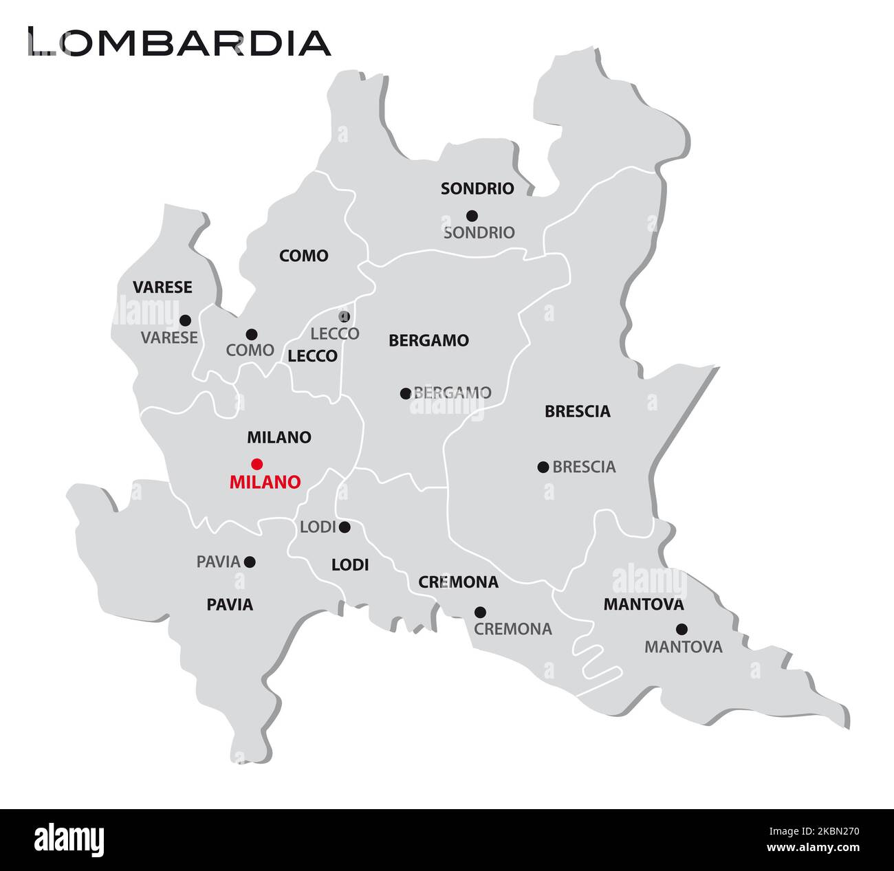 Semplice mappa amministrativa grigia della regione Lombardia Foto Stock