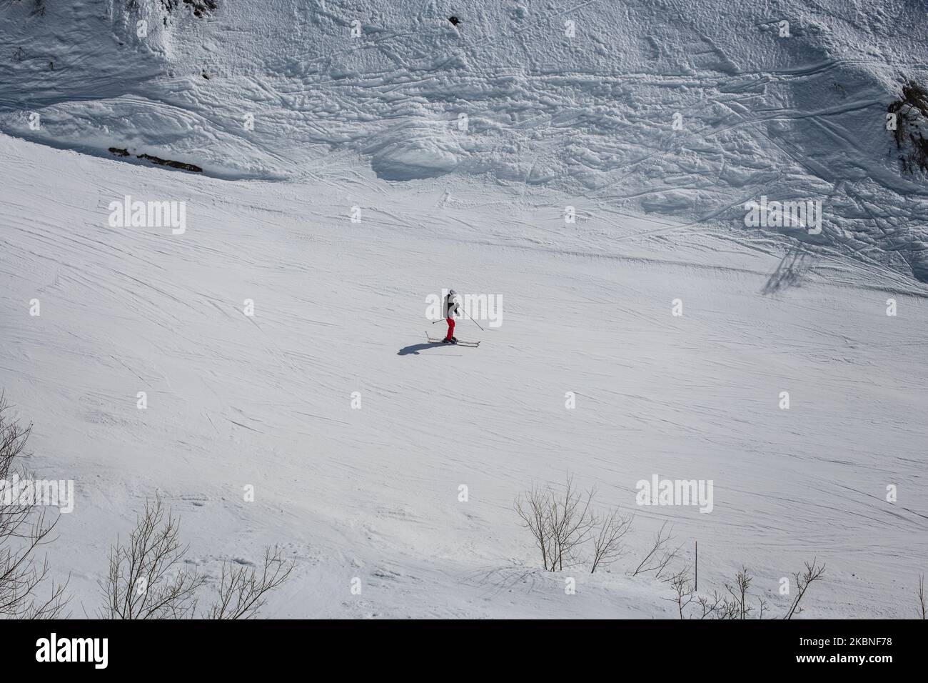 Sciatore scendendo una pista da sci a la Plagne Francia le Alpi Foto Stock