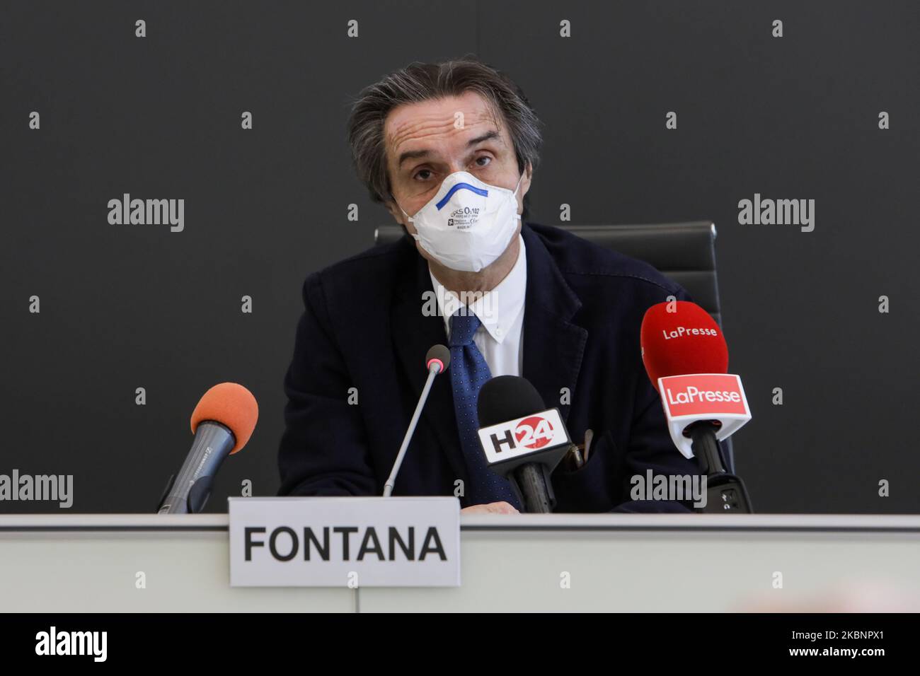 Attilio Fontana durante la conferenza stampa in Lombardia per il programma #ripartilombardia a Palazzo Pirelli, Milano, maggio 14 2020. #Ripartilombardia è un programma operativo destinato al rilancio del settore turistico italiano, un settore molto colpito dall'emergenza coronavirus. (Foto di Mairo Cinquetti/NurPhoto) Foto Stock