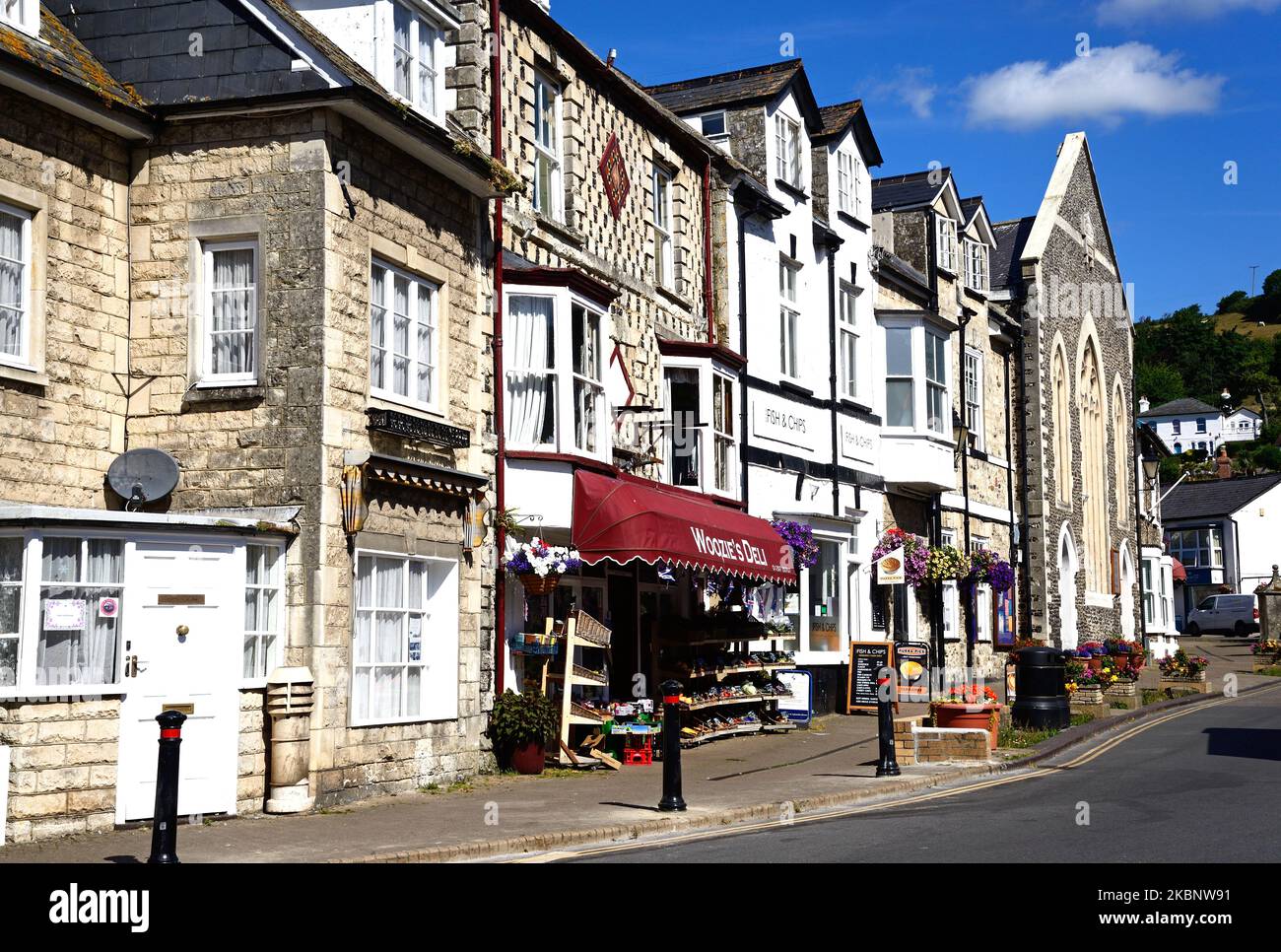 Negozi lungo Fore Street nel centro della città, Beer, Devon, Regno Unito, Europa. Foto Stock