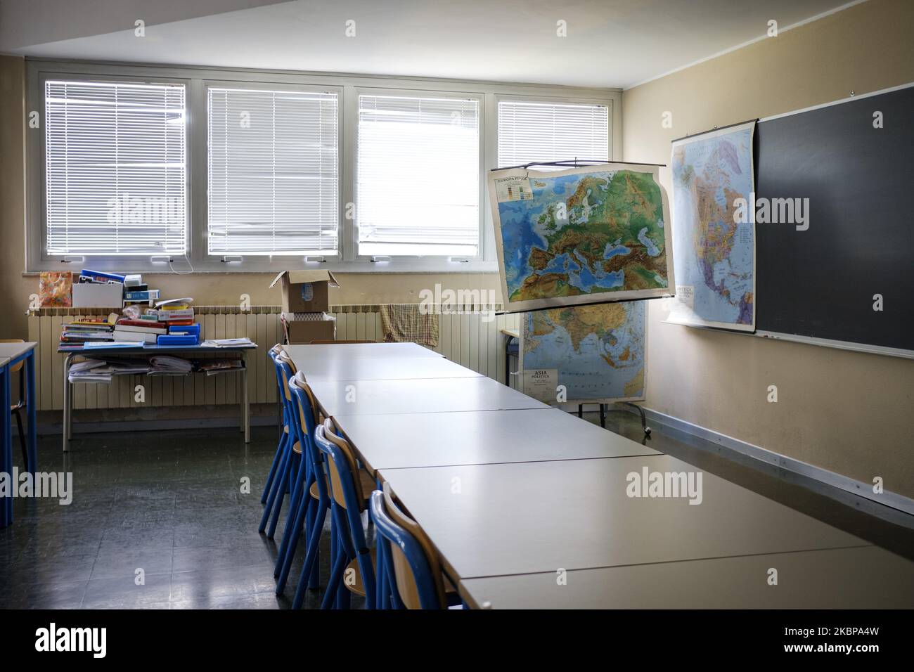 Un'aula vuota. Nonostante la fine del blocco del coronavirus, l'Italia non ha ancora riaperto le scuole. Trieste, 26th maggio 2020. (Foto di Jacopo Landi/NurPhoto) Foto Stock