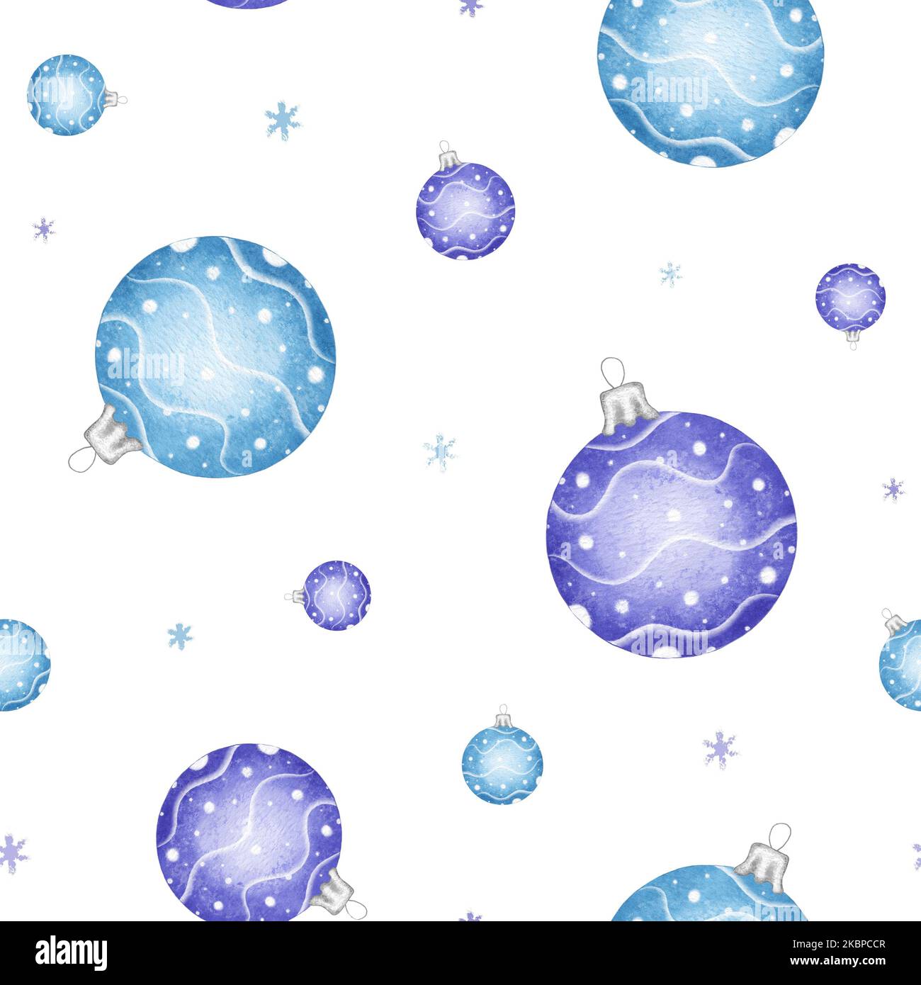 Acquerello senza cuciture modello con decorazioni natalizie. Palline blu e viola. Giocattoli Balls per l'albero di Natale. Buon Natale e felice anno nuovo Foto Stock