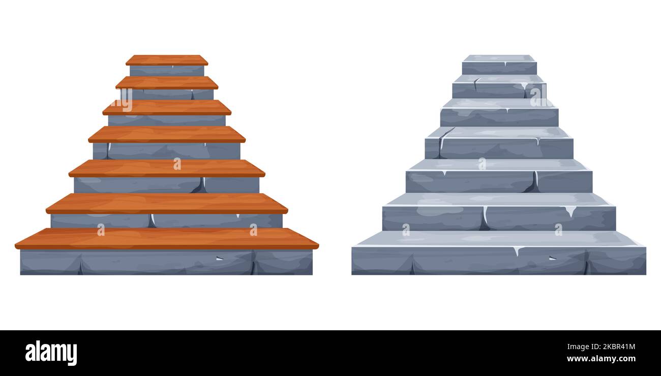 Set pietra fata scale e scala con decorazioni in legno, architettura medievale antica in stile cartoon isolato su sfondo bianco con crepe, elementi rotti. Risorsa di gioco,elemento di design. Illustrazione vettoriale Illustrazione Vettoriale