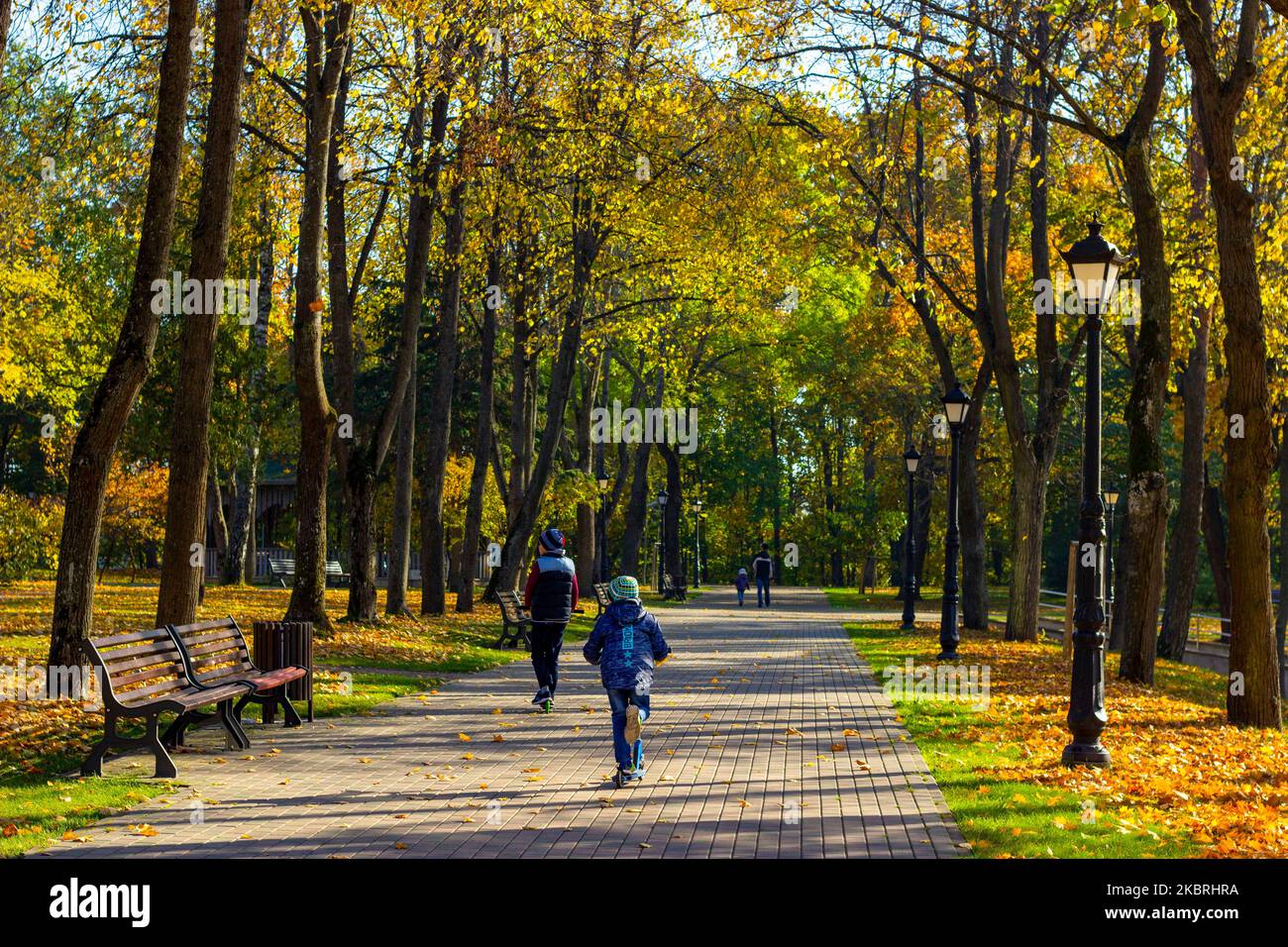 bambini sul tapis roulant nel parco autunnale Foto Stock