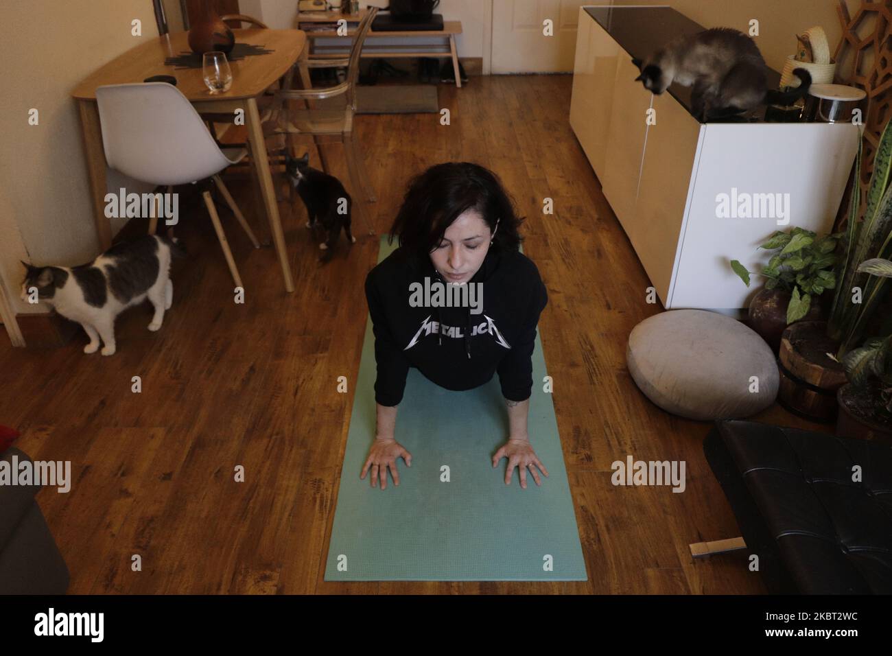 Ana López ha 33 anni, originario di Zacatecas e vive a Città del Messico, è uno yoga e urbanista. Ogni giorno, prima di andare al lavoro, pratica yoga nonostante l'emergenza sanitaria causata dal COVID-19 in Messico in compagnia dei suoi gatti nella stanza del suo appartamento. (Foto di Gerardo Vieyra/NurPhoto) Foto Stock