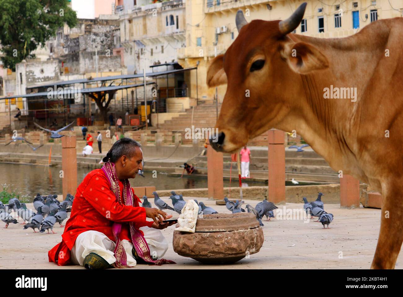 Il sacerdote indù indiano offre preghiere in occasione del ''Guru Purnima'' sul lago santo di Pushkar, Rajasthan, India il 05 luglio 2020. I devoti indù celebrano questo giorno offrendo 'puja' al loro guru. (Foto di Himanshu Sharma/NurPhoto) Foto Stock