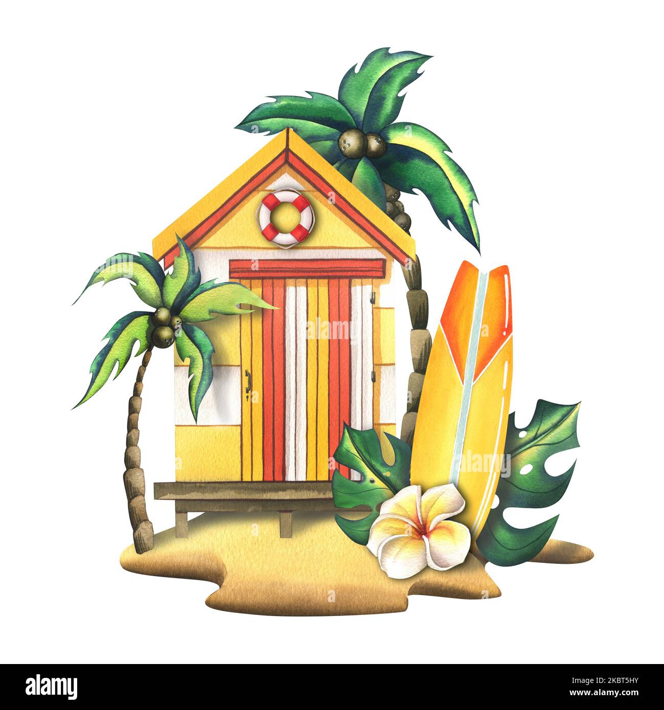 Spiaggia di pesca, a strisce casa di legno con una tavola da surf, palme, foglie tropicali. Illustrazione acquerello. Composizione della collezione SURF Foto Stock