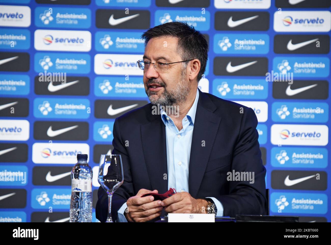 Josep Maria Bartomeu, presidente del FC Barcelona, durante la presentazione di Sarunas Jasikevicuis come nuovo allenatore della squadra di pallacanestro del FC Barcelona, il 06th luglio 2020, a Barcellona, Spagna. (Foto di Noelia Deniz/Urbanandsport /NurPhoto) Foto Stock