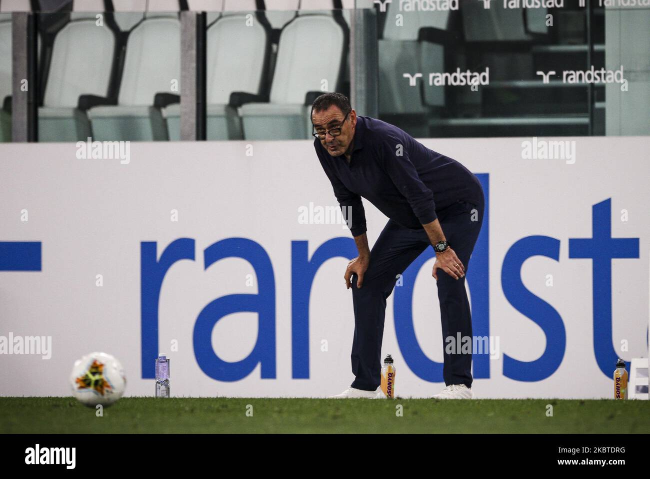 Il coach della Juventus Maurizio Sarri guarda durante la Serie A Football Match n.32 JUVENTUS - ATALANTA il 11 luglio 2020 allo Stadio Allianz di Torino, Piemonte. (Foto di Matteo Bottanelli/NurPhoto) Foto Stock