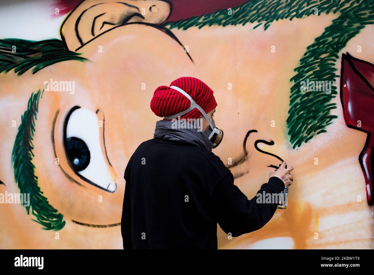 Oumema fa un graffito durante un festival hip hop a Tunisi, Tunisia, il 27 gennaio 2017. (Foto di Emeric Fohlen/NurPhoto) Foto Stock