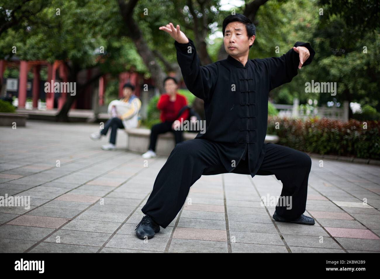 Shenzhen, Cina, 29 febbraio 2012. Un uomo fa il suo tai chi nel Parco Lianhuashan. Shenzhen, Chine, le 29 fevrier 2012. Un homme fait son tai chi dans le parc de Lianhuashan. (Foto di Emeric Fohlen/NurPhoto) (Foto di Emeric Fohlen/NurPhoto) Foto Stock