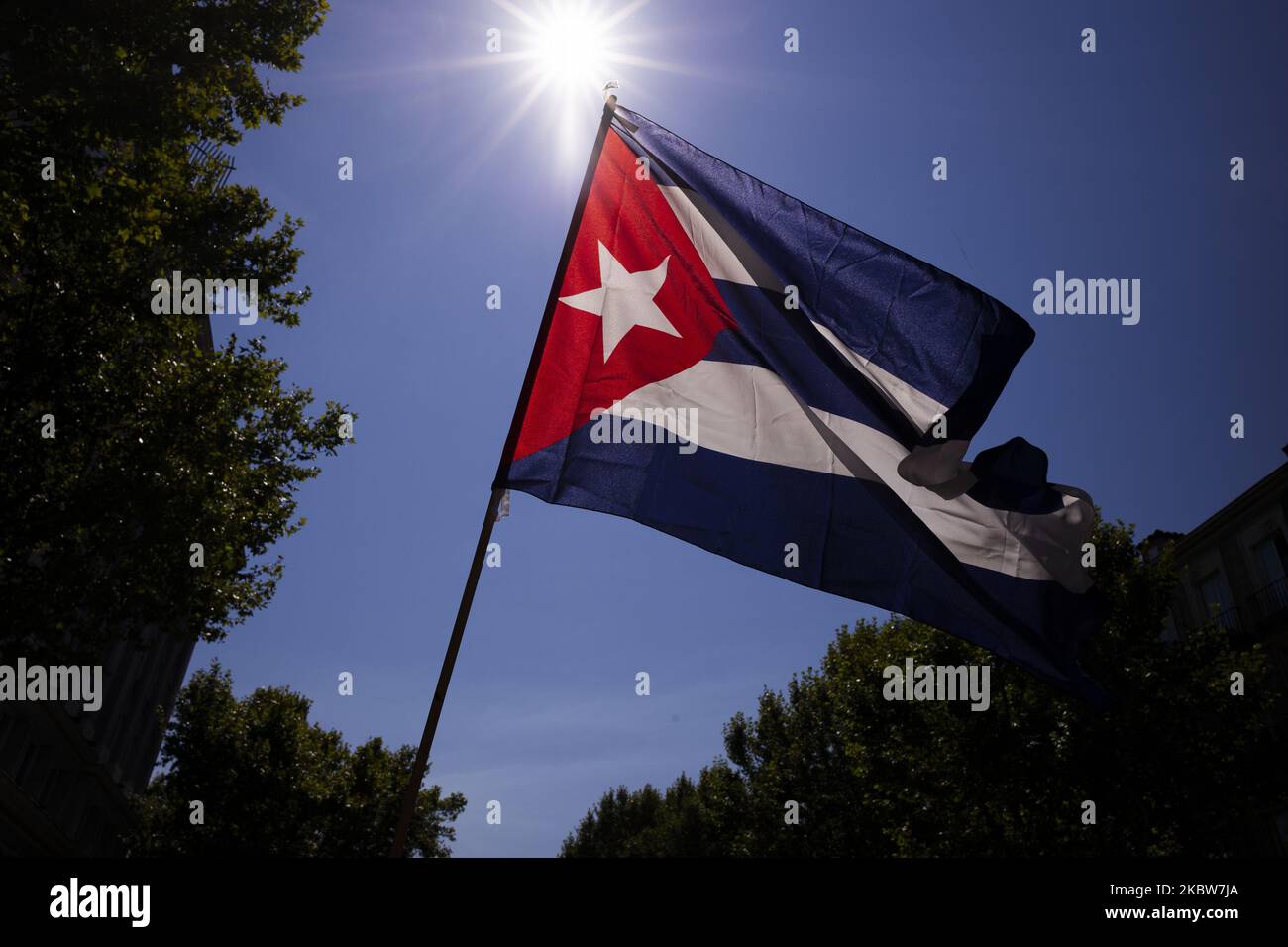 Manifestanti con bandiere cubane durante la manifestazione con lo slogan "Cuba salva vite umane: 60 anni di internazionalismo" per il 26 luglio, giorno della ribellione Nazionale di Cuba il 26 luglio 2020 a Madrid, Spagna. (Foto di Oscar Gonzalez/NurPhoto) Foto Stock